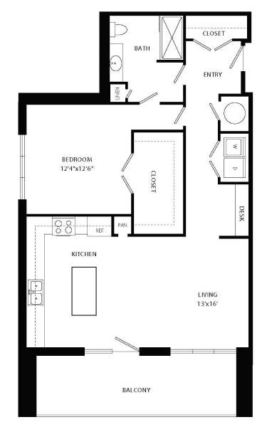 Floor plan for 1 bed, 1 bath, 985 sqft