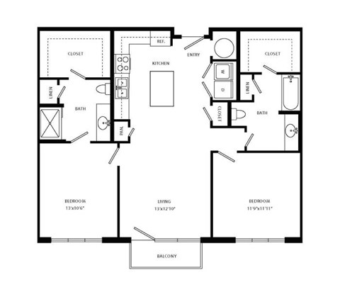 Floor plan for 2 beds, 2 baths, 1099 sqft