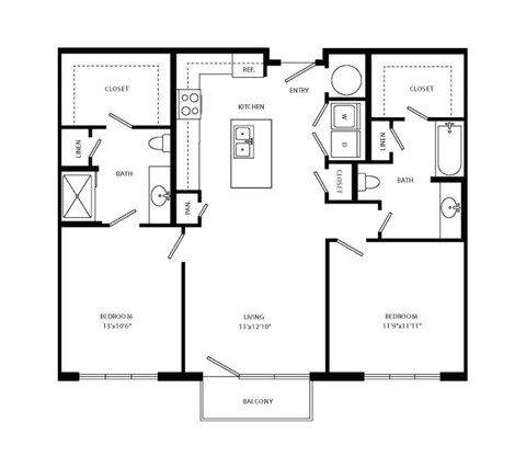 Floor plan for 2 beds, 2 baths, 1099 sqft