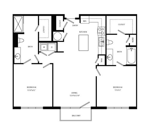 Floor plan for 2 beds, 2 baths, 1175 sqft