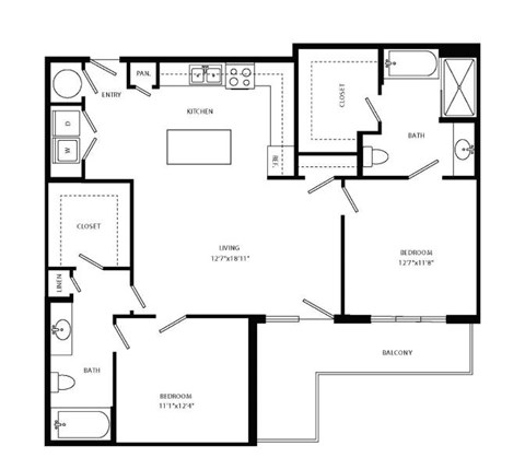 Floor plan for 2 beds, 2 baths, 1183 sqft