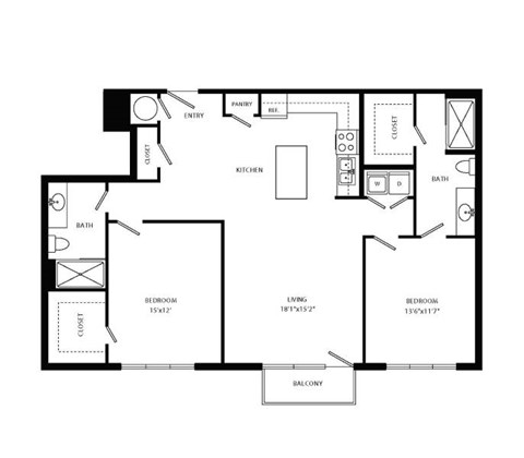 Floor plan for 2 beds, 2 baths, 1347 sqft