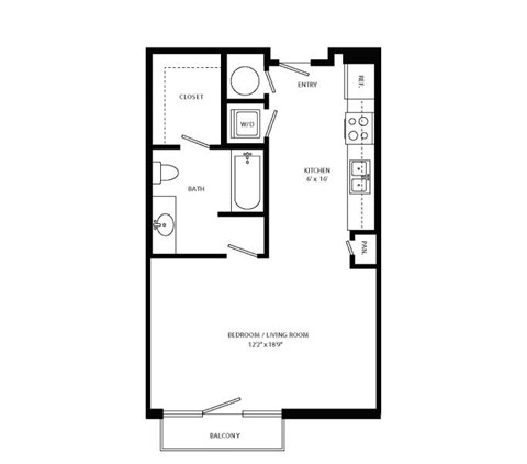 Floor plan for studio, 1 bath, 616 sqft