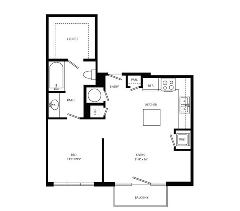 Floor plan for studio, 1 bath, 631 sqft