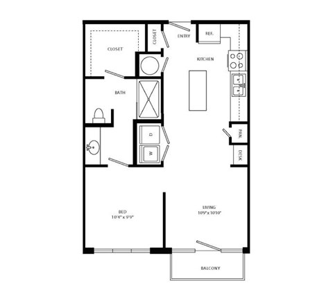Floor plan for studio, 1 bath, 654 sqft