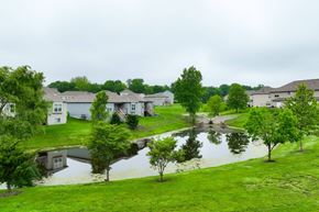 Peculiar apartment for rent - A flooded residential area with houses on one side and trees on the other.