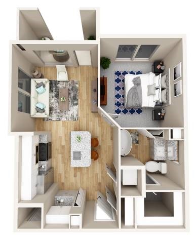 Floor plan for 1 bed, 1 bath, 635 sqft