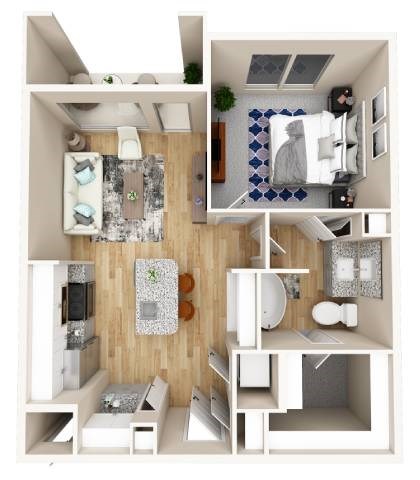 Floor plan for 1 bed, 1 bath, 698 sqft