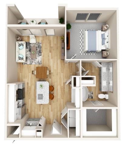 Floor plan for 1 bed, 1 bath, 848 sqft