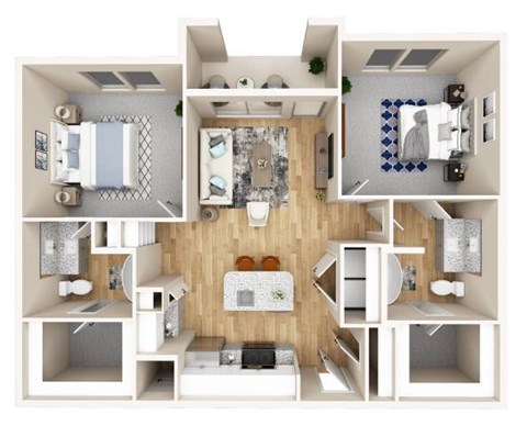 Floor plan for 2 beds, 2 baths, 1053 sqft
