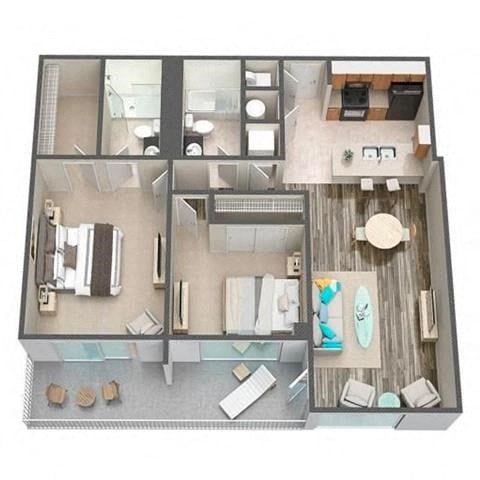 Floor plan for 2 beds, 2 baths, 947 sqft