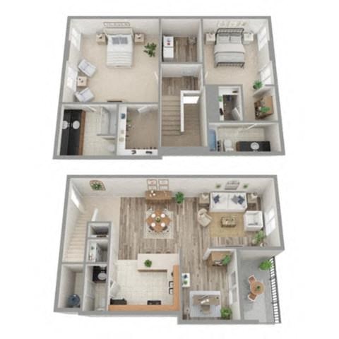Floor plan for 2 beds, 2.5 baths, 1280 sqft