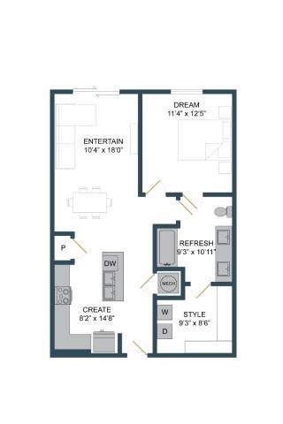 Floor plan for 1 bed, 1 bath, 770 sqft