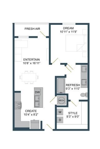 Floor plan for 1 bed, 1 bath, 726 sqft