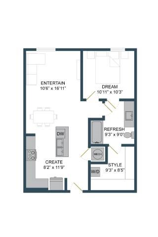 Floor plan for 1 bed, 1 bath, 678 sqft