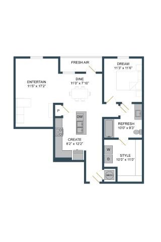 Floor plan for 1 bed, 1 bath, 910 sqft