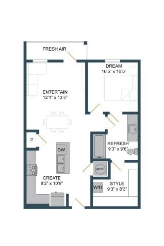 Floor plan for 1 bed, 1 bath, 754 sqft