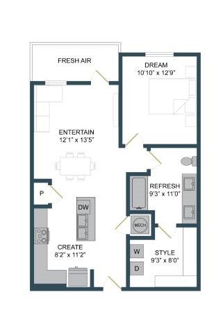Floor plan for 1 bed, 1 bath, 754 sqft