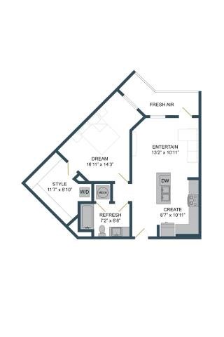 Floor plan for 1 bed, 1 bath, 755 sqft
