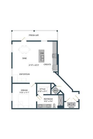 Floor plan for 1 bed, 1 bath, 892 sqft
