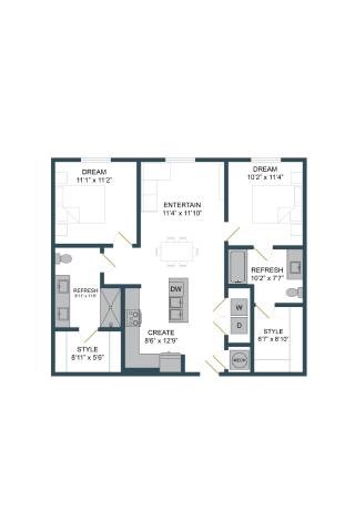 Floor plan for 2 beds, 2 baths, 1018 sqft