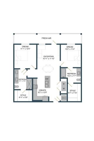 Floor plan for 2 beds, 2 baths, 1018 sqft