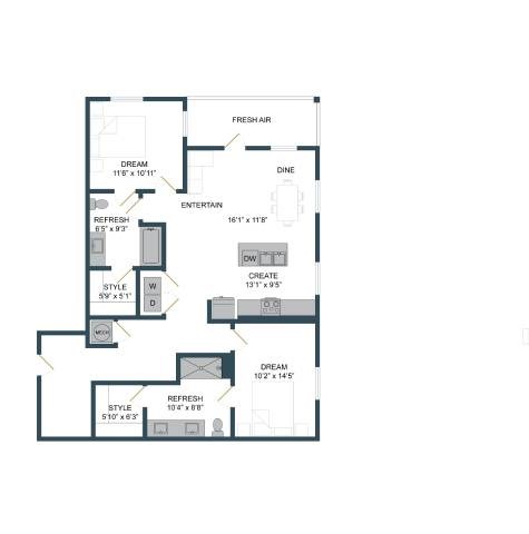 Floor plan for 2 beds, 2 baths, 1219 sqft