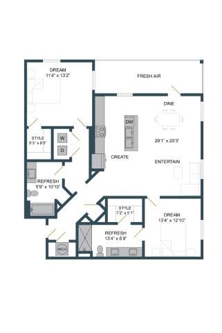 Floor plan for 2 beds, 2 baths, 1269 sqft