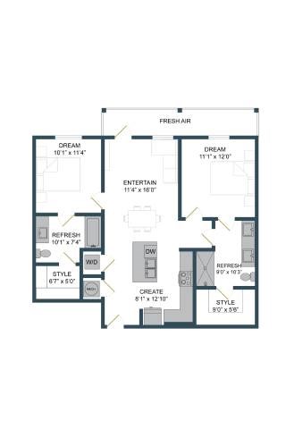 Floor plan for 2 beds, 2 baths, 973 sqft