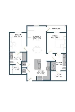 Floor plan for 2 beds, 2 baths, 1023 sqft