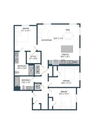 Floor plan for 3 beds, 2 baths, 1452 sqft