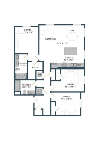 Floor plan for 3 beds, 2 baths, 1452 sqft