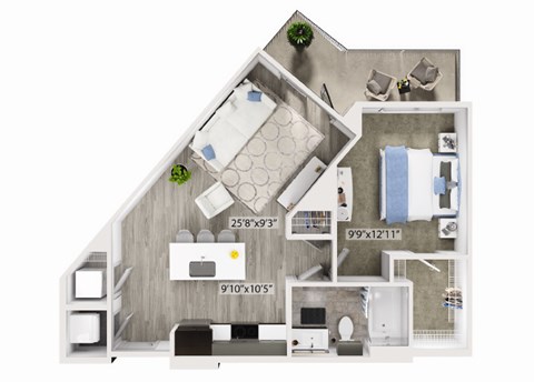 Floor plan for 1 bed, 1 bath, 740 sqft