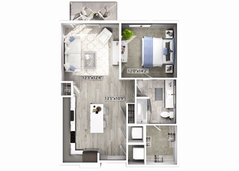 Floor plan for 1 bed, 1 bath, 782 sqft