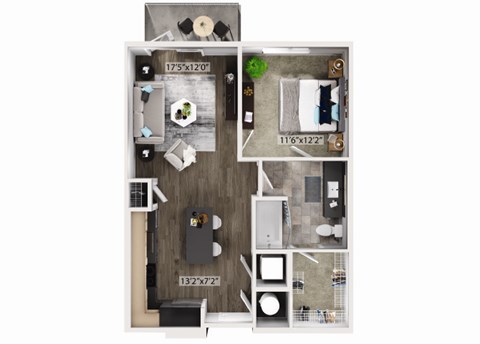 Floor plan for 1 bed, 1 bath, 704 sqft