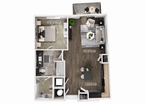 Floor plan for 1 bed, 1 bath, 791 sqft