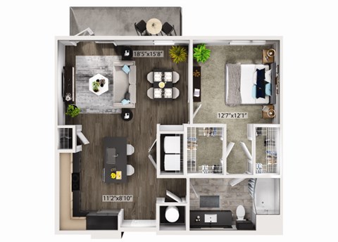 Floor plan for 1 bed, 1 bath, 836 sqft