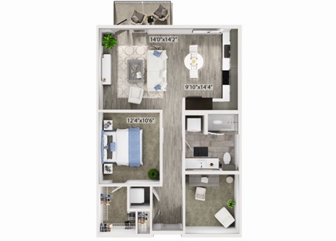 Floor plan for 1 bed, 1 bath, 838 sqft