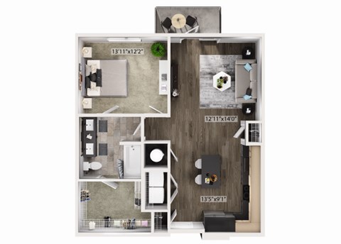 Floor plan for 1 bed, 1 bath, 839 sqft