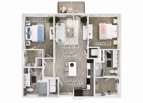 Floor plan for 2 beds, 2 baths, 1064 sqft