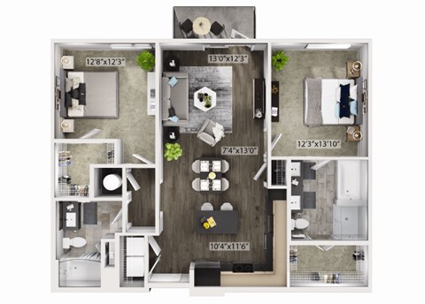 Floor plan for 2 beds, 2 baths, 1139 sqft
