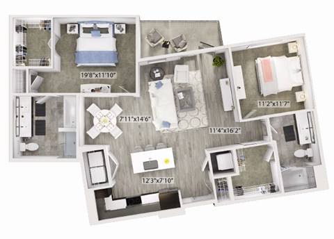 Floor plan for 2 beds, 2 baths, 1174 sqft