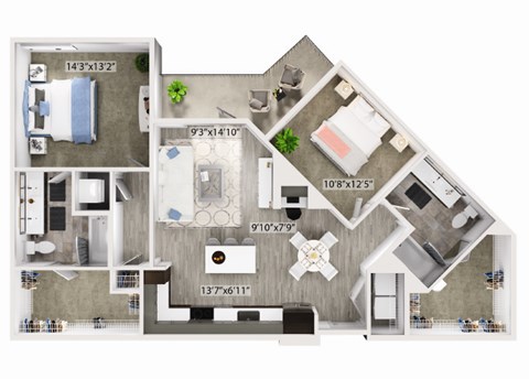 Floor plan for 2 beds, 2 baths, 1182 sqft