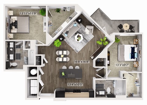 Floor plan for 2 beds, 2 baths, 1207 sqft