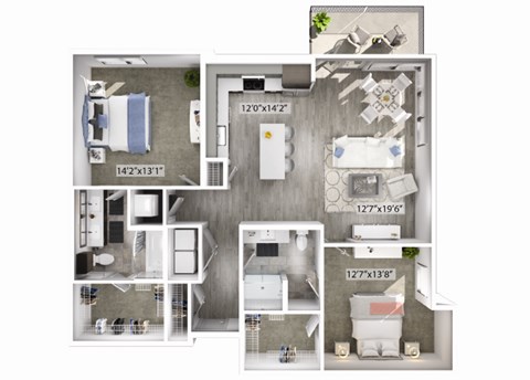 Floor plan for 2 beds, 2 baths, 1238 sqft