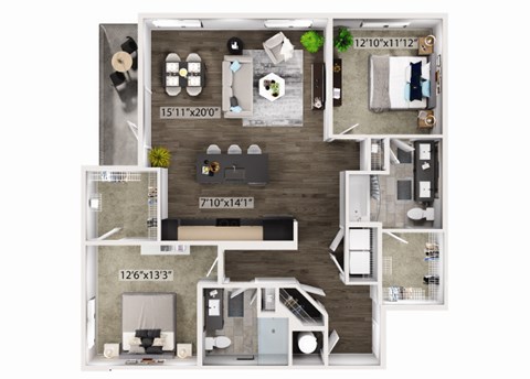 Floor plan for 2 beds, 2 baths, 1272 sqft