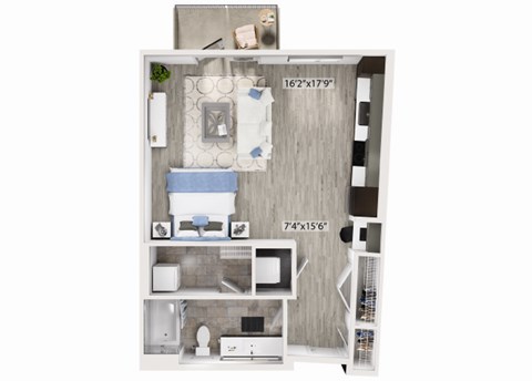 Floor plan for studio, 1 bath, 665 sqft