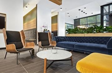 Chicago apartment for rent - A modern living room with a blue couch and wooden chairs.