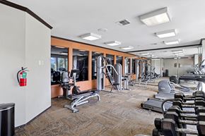 Dallas apartment for rent - A gym with a variety of equipment including treadmills, weights, and exercise machines.