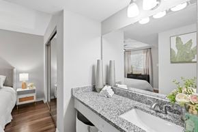Houston apartment for rent - A bathroom with a white sink and a large mirror.